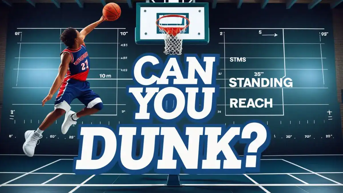 A basketball player jumps to dunk while a calculator shows the height, standing reach, and vertical jump results.