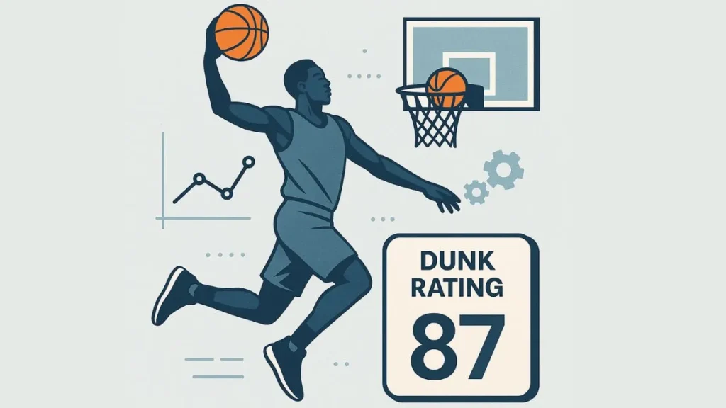 Athletes boosting dunk performance using dunk rating tools with stats and graphs.