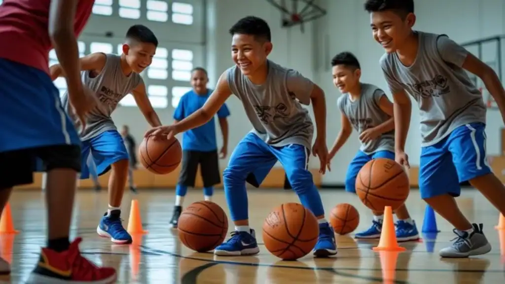 Kids aged 8–12 playing a fun basketball game called Dribble Tag during youth practice, guided by a smiling coach on an indoor court with colorful cones and lively energy