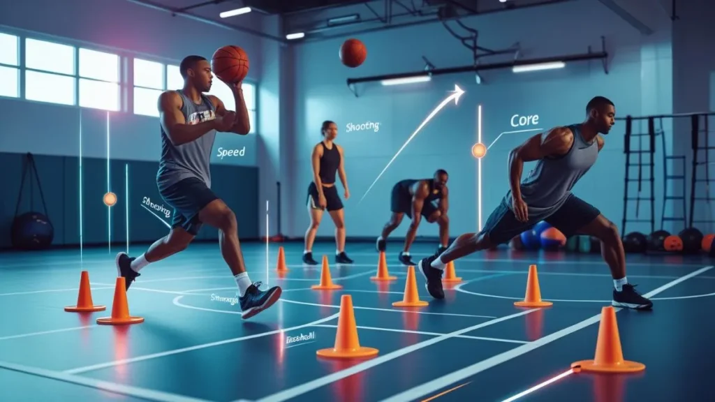 Basketball player performing full-body workout combining shooting, strength training, agility drills, and core exercises on a dynamic court background.