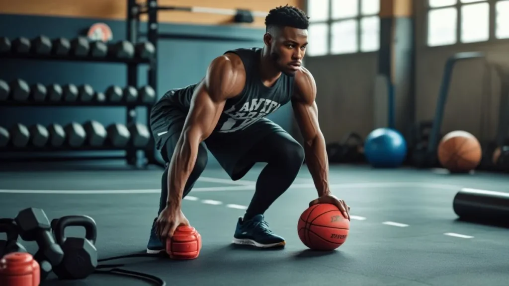 Basketball player doing weighted squats and planks with gym equipment, focusing on core and strength training in a realistic gym setting.