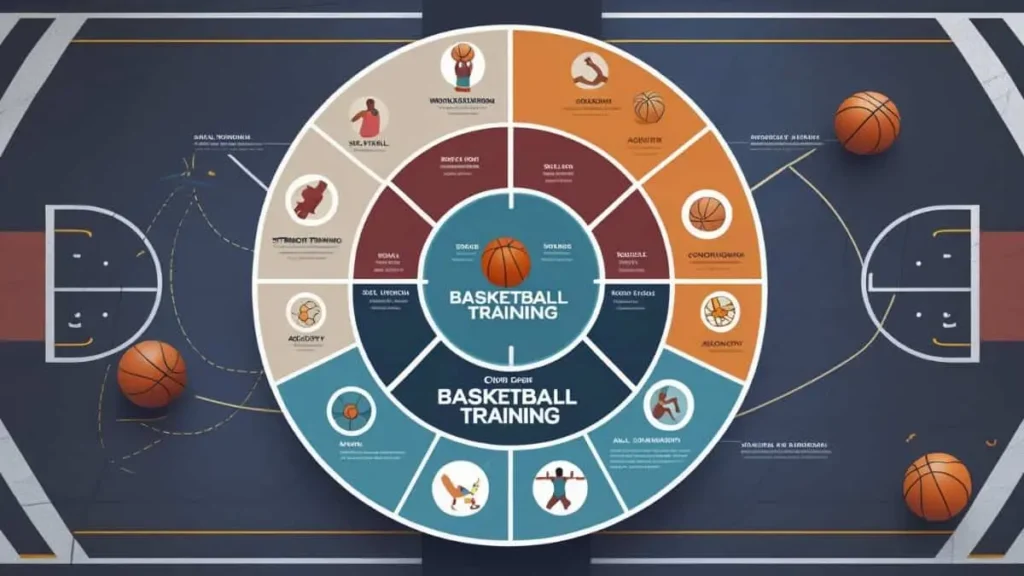 Visual of a basketball player practicing dribbling, lifting weights, doing agility ladder drills, and stretching for recovery—showing key elements of basketball training.