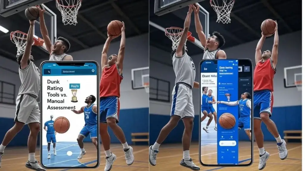 Comparison between Dunk Rating Tools and Manual Jump Assessments showing accuracy, convenience, and performance metrics for basketball players