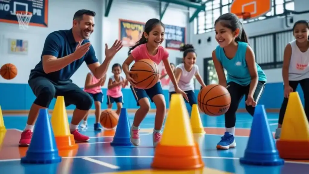 Kids enjoying fun basketball drills with a coach on an indoor court, using cones and games to stay engaged