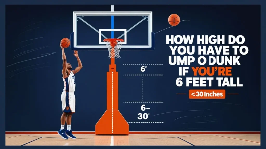 Vertical jump needed to dunk for a 6-foot tall player with chart showing required leap to reach 10-foot basketball rim