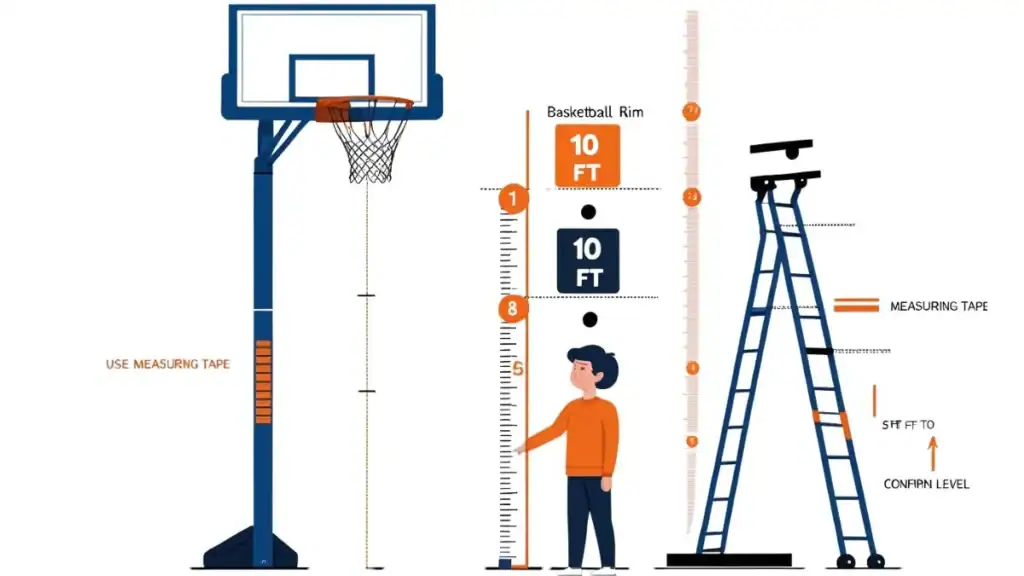 Measurement of basketball rim height using a tape measure on a standard court