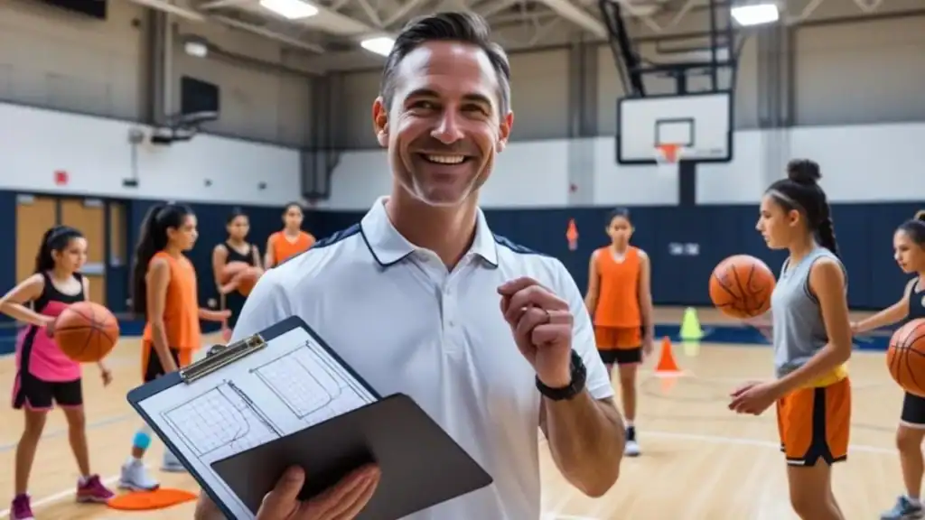Youth basketball coach planning drills with clipboard during practice session