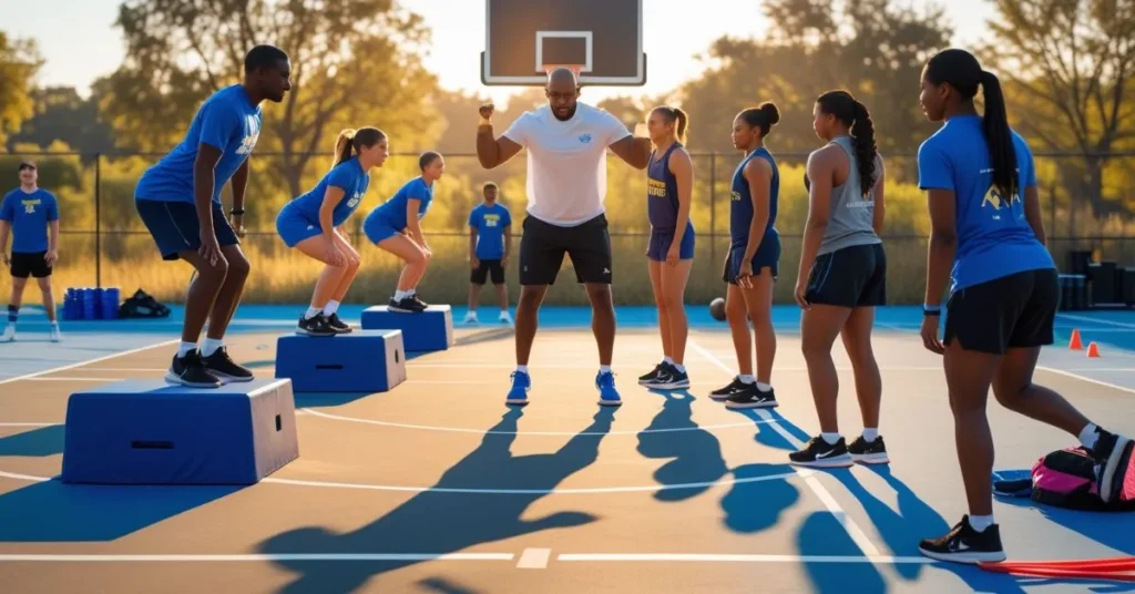 Athletes of various ages training at a basketball vertical jump clinic, performing plyometrics, strength exercises