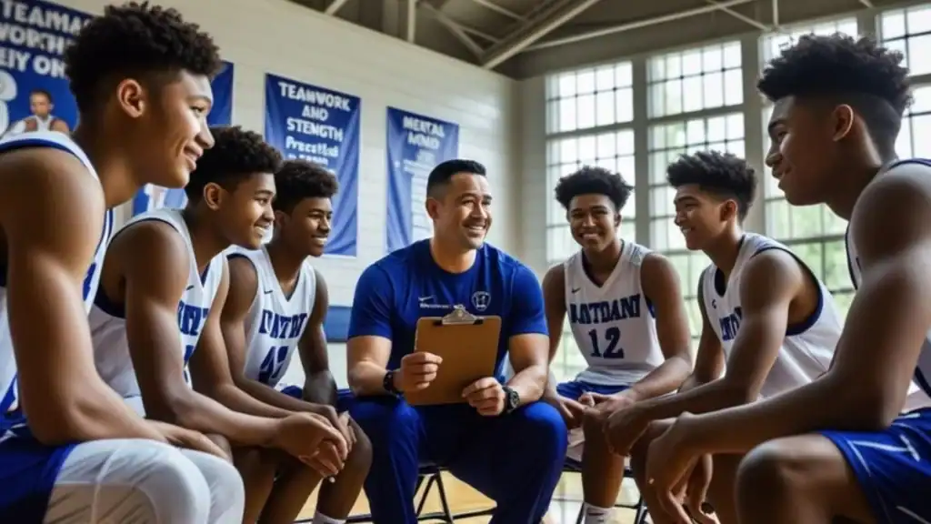 Coach talking with young basketball players about teamwork and confidence after practice, promoting mental wellness and positive values on and off the court.