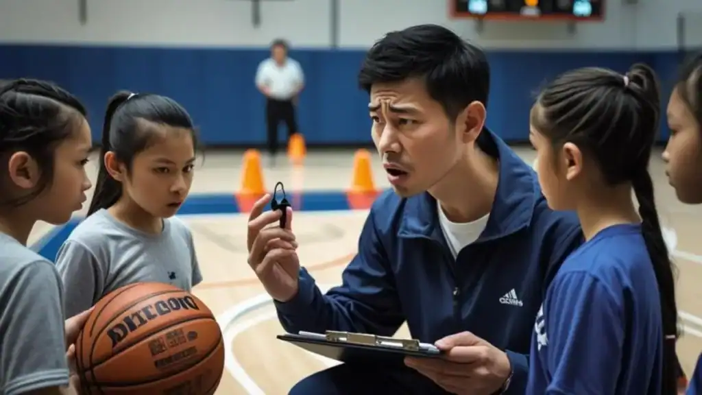 youth basketball coach making common mistakes during practice with confused young players