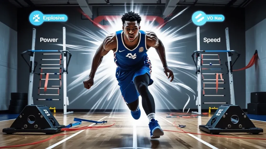 Basketball player sprinting with resistance bands, surrounded by agility gear and jump training equipment to show explosive conditioning.