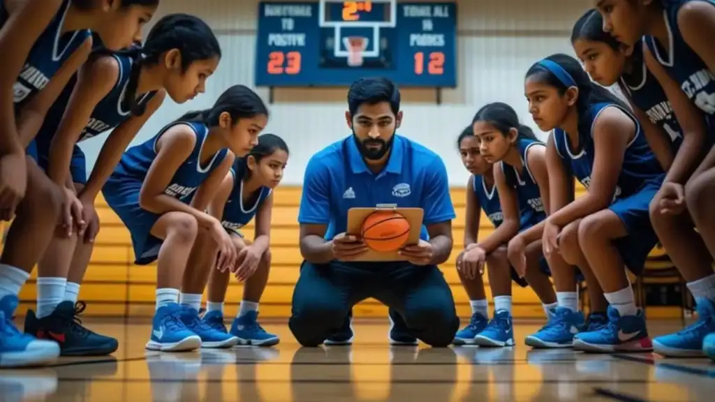 Youth basketball coach teaching strategy to focused young players